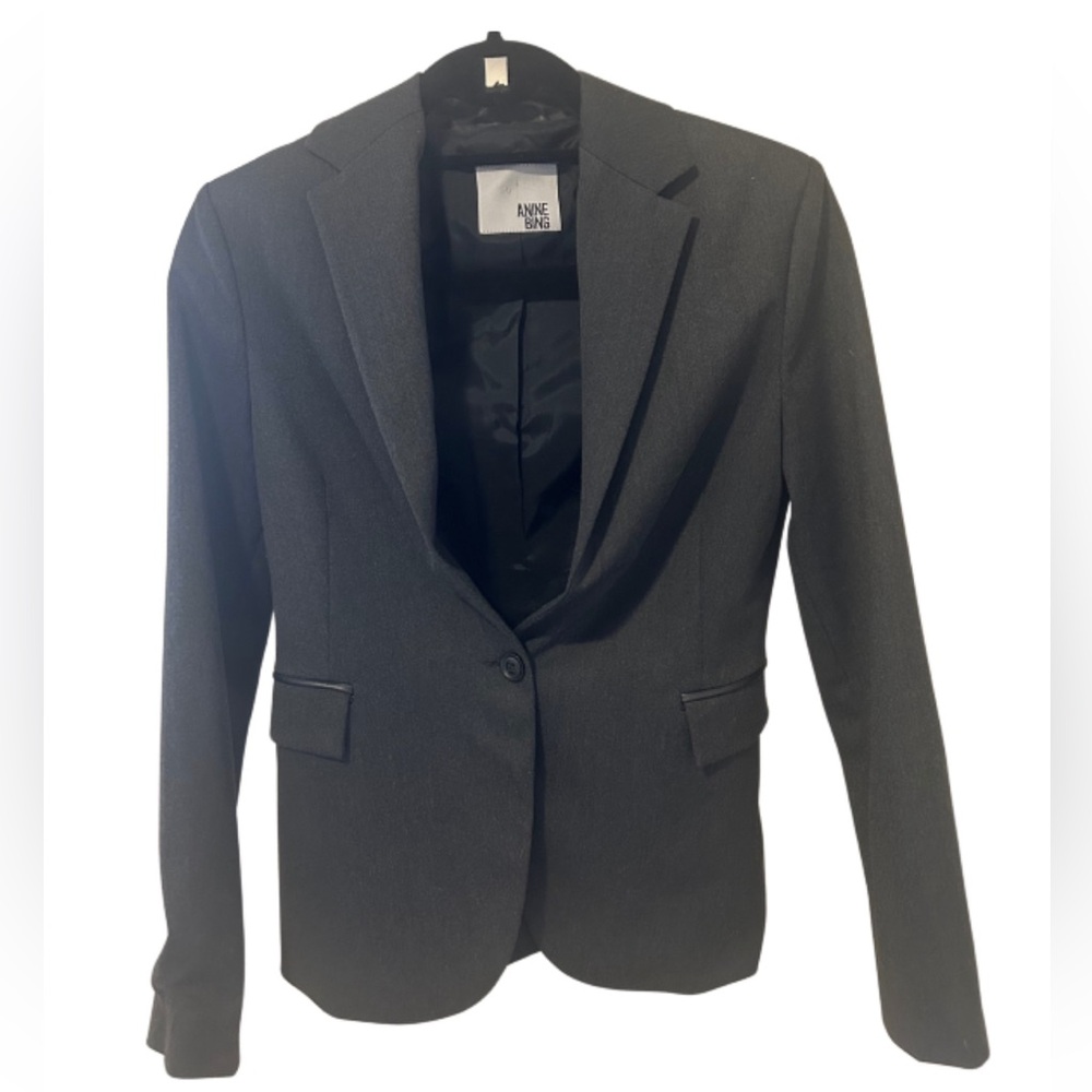 Anine Bing Single Button Blazer | Charcoal Grey with Faux Leather Trim | Size XS - Picture 3 of 9